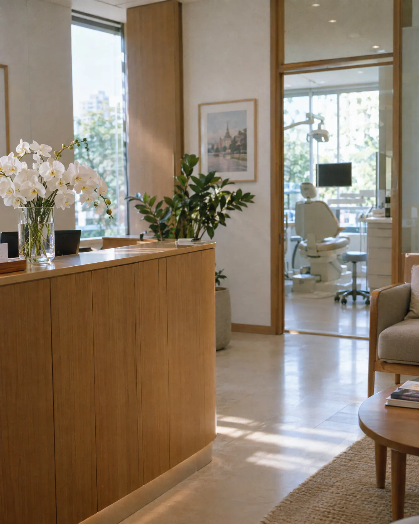 The reception counter of a calm modern dental clinic in Bangkok with orchids