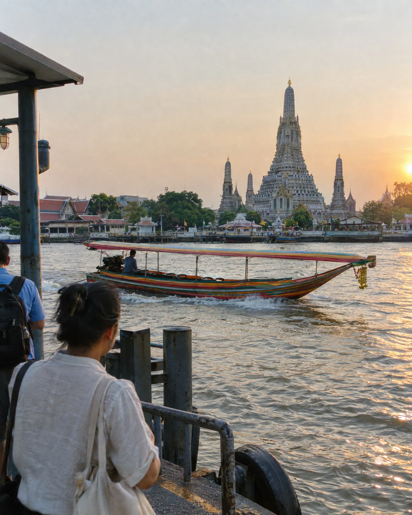 A long-tail boat on the Chao Phraya with Wat Arun behind in Bangkok