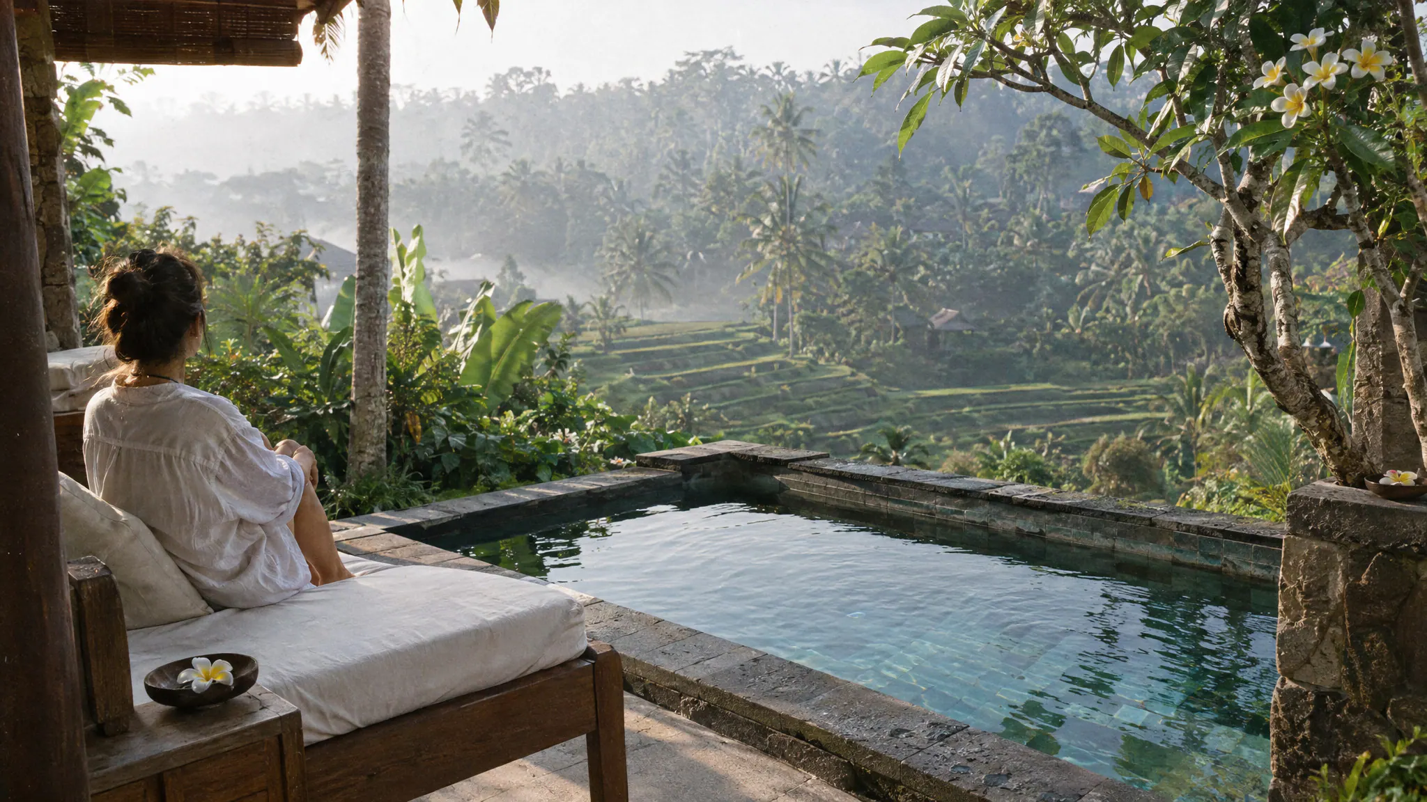 A villa plunge pool edged with volcanic stone above misty rice terraces in Ubud, Bali