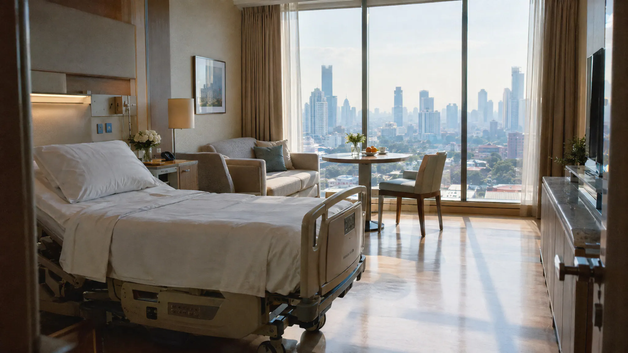 A private hospital recovery suite in Bangkok with a made bed, a sofa and floor-to-ceiling windows
