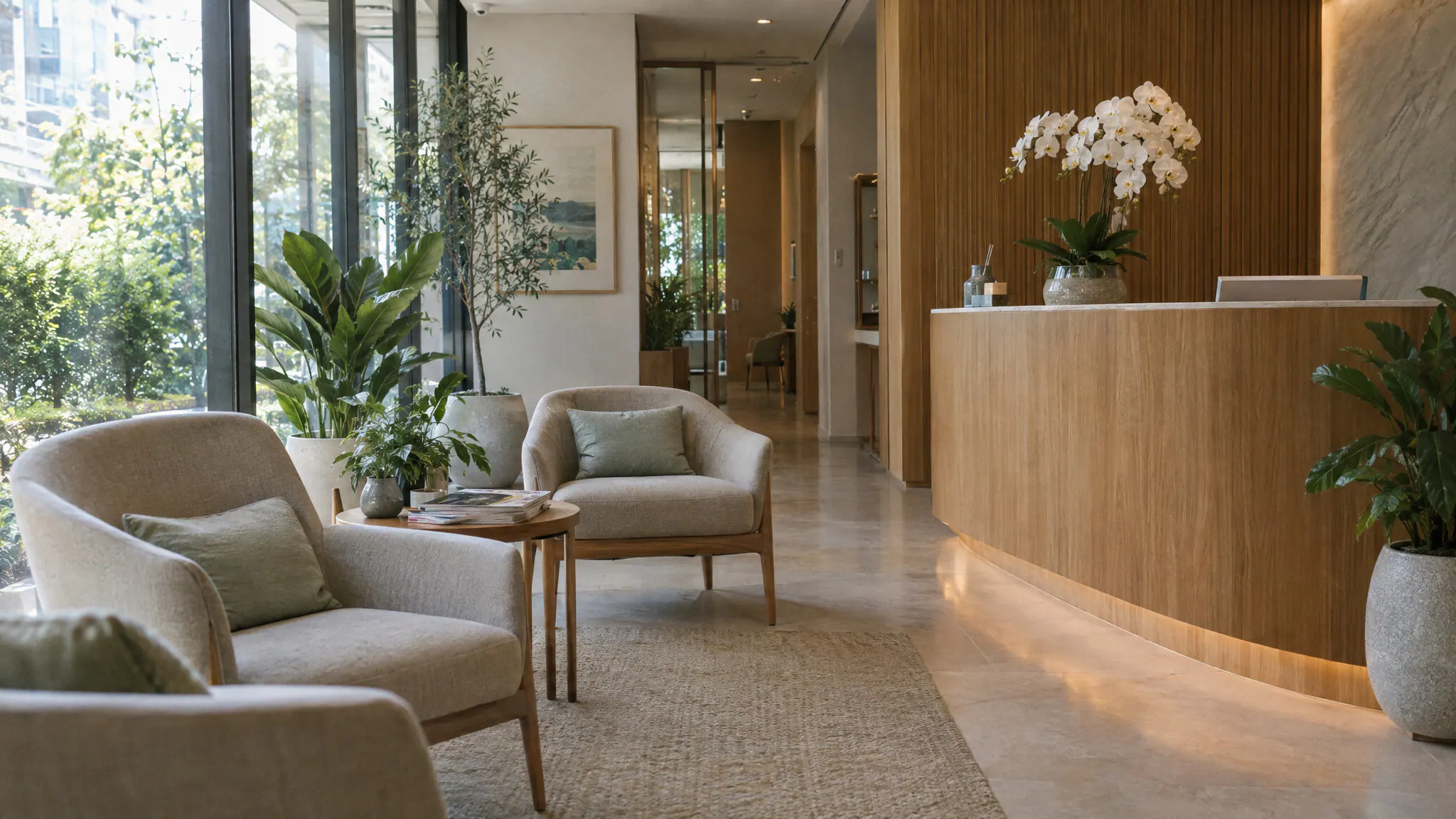 The calm waiting lounge of a modern dental clinic in Bangkok with armchairs and orchids