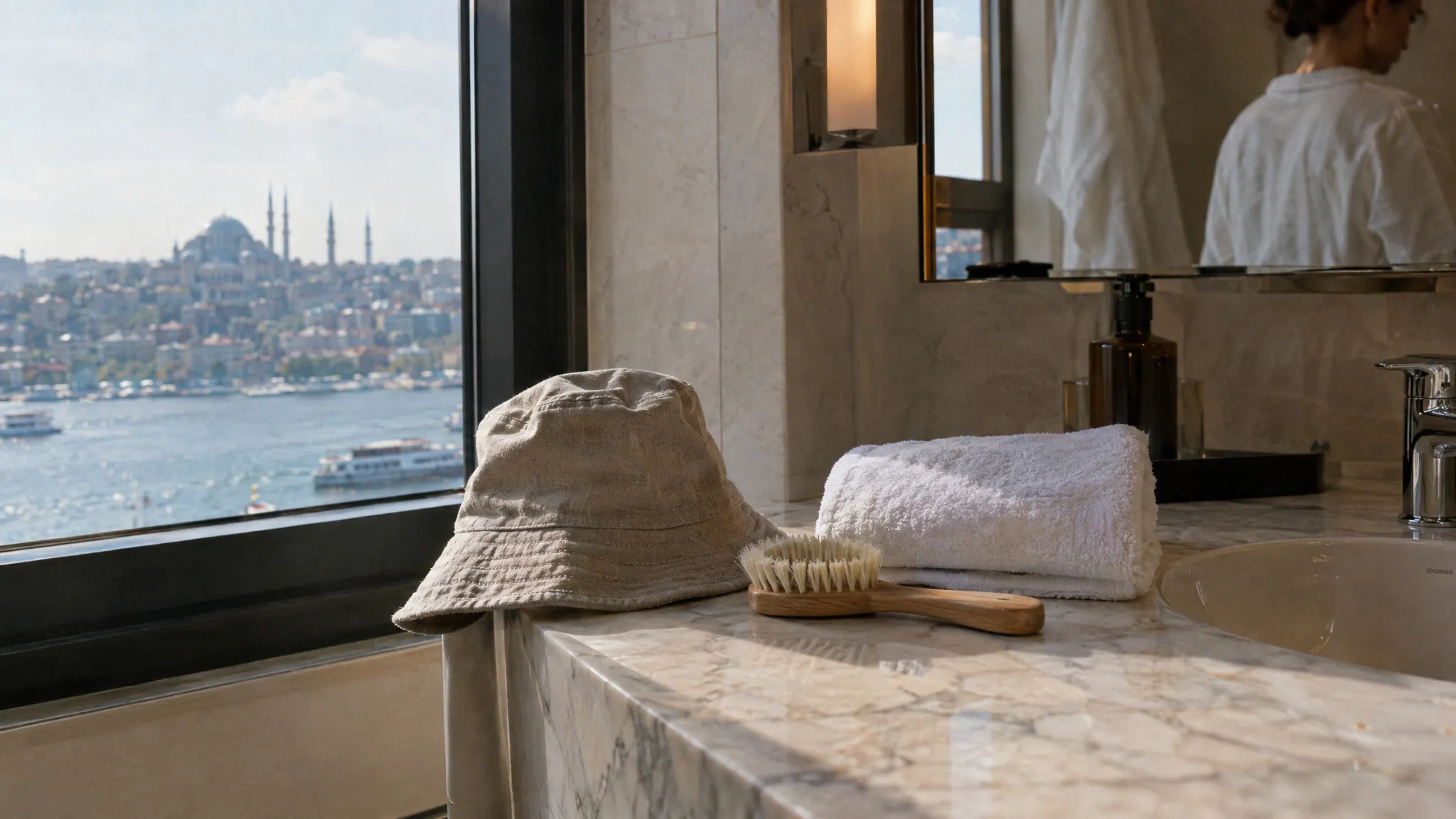 A linen bucket hat, a soft brush and a towel on a hotel bathroom counter overlooking Istanbul