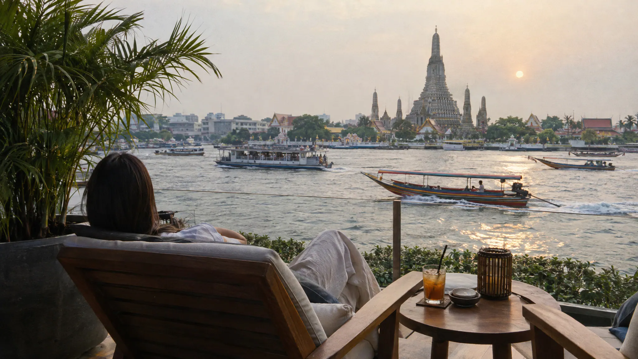 Long-tail boats on the Chao Phraya with Wat Arun beyond, seen from a hotel terrace in Bangkok