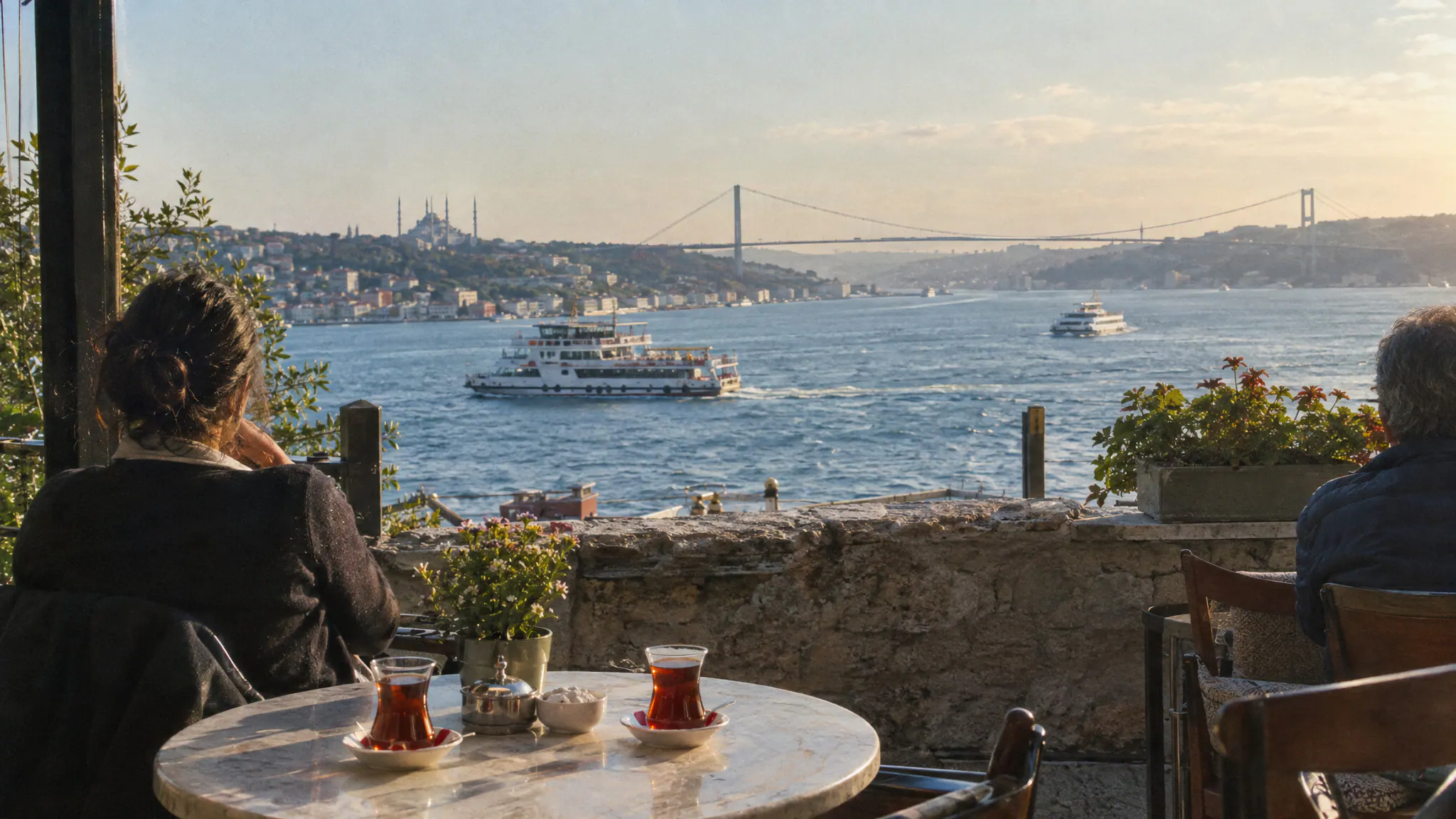 Glasses of tea on a café terrace above the Bosphorus and its bridge in Istanbul
