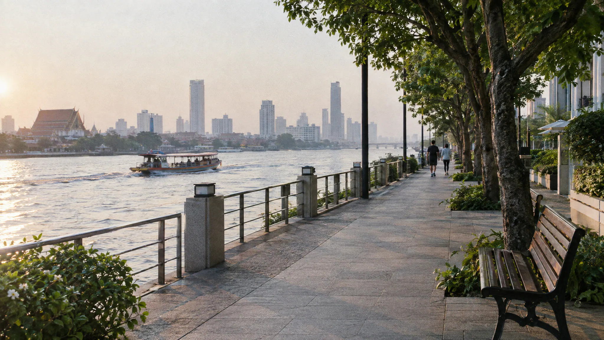 An early-morning riverside walking path along the Chao Phraya in Bangkok
