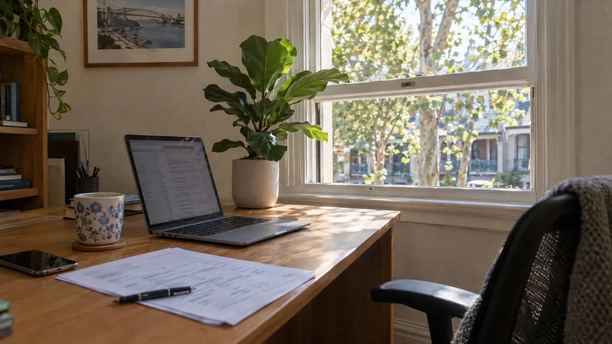 A bright coordinator's desk in a Sydney office with a laptop, a printed hospital quote and a phone