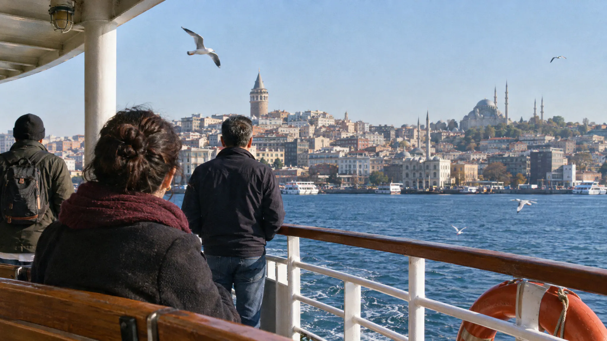 Passengers on a ferry deck crossing the Bosphorus toward the Galata Tower in Istanbul
