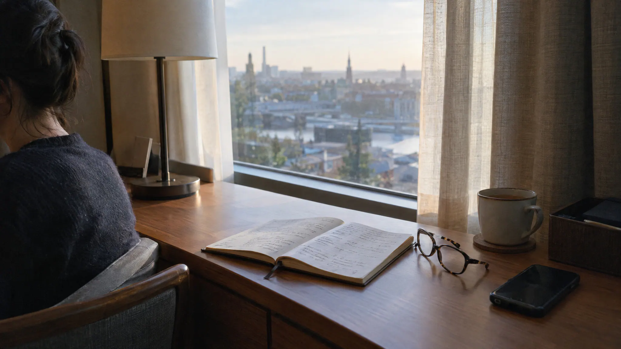 A hotel desk by the window with a notebook of handwritten questions, reading glasses and tea