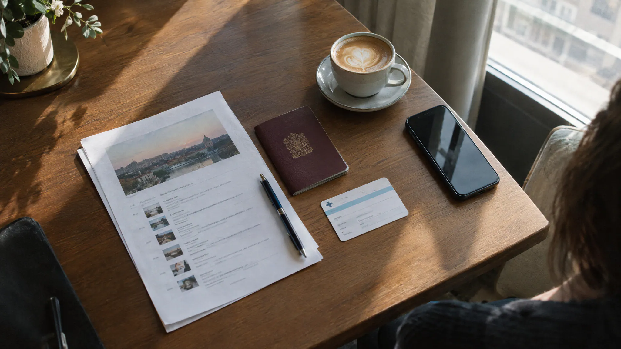 A travel itinerary, passport, hospital appointment card, pen and coffee on a hotel desk