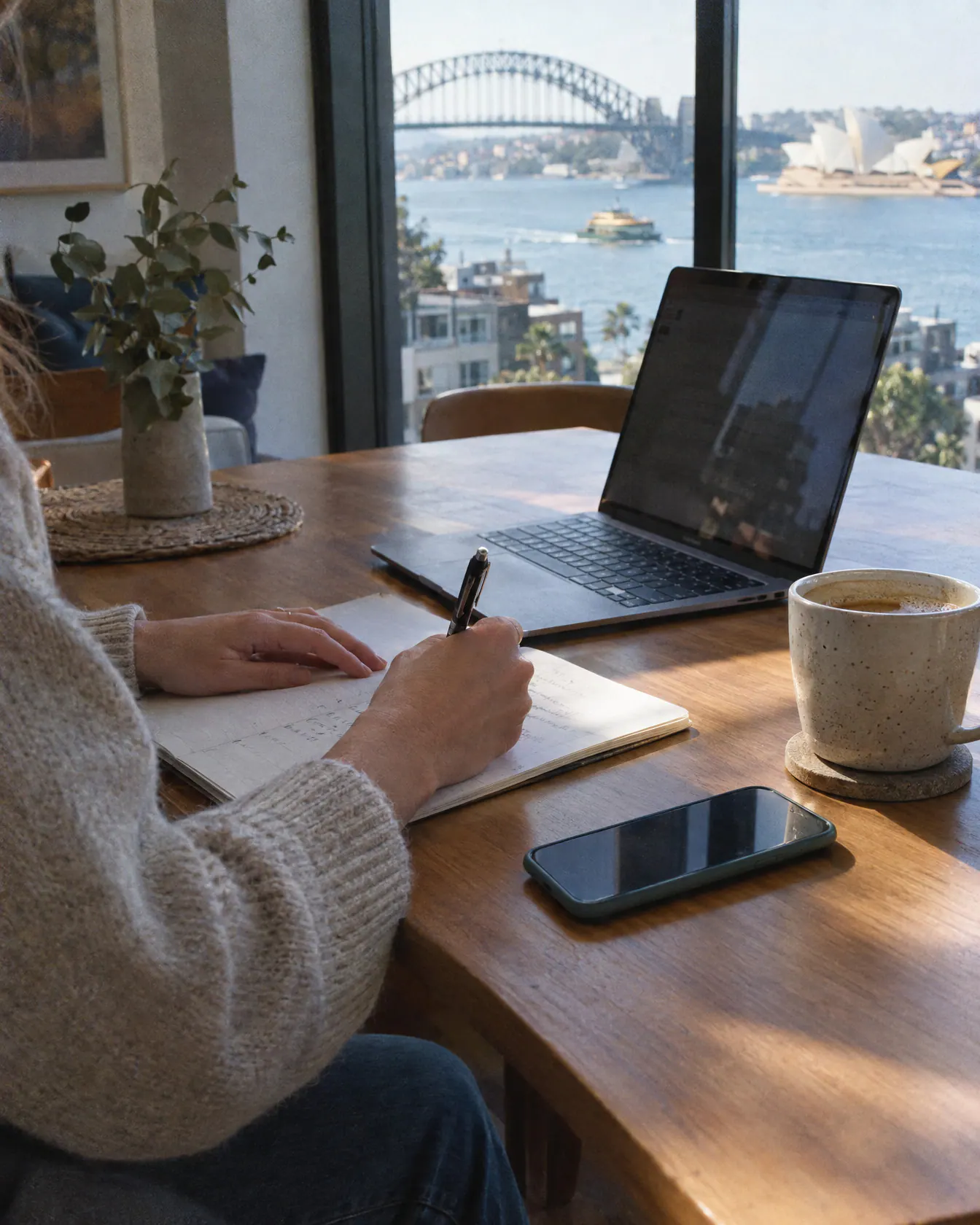 A woman's hands writing notes beside a laptop, phone and coffee at a kitchen table in Sydney