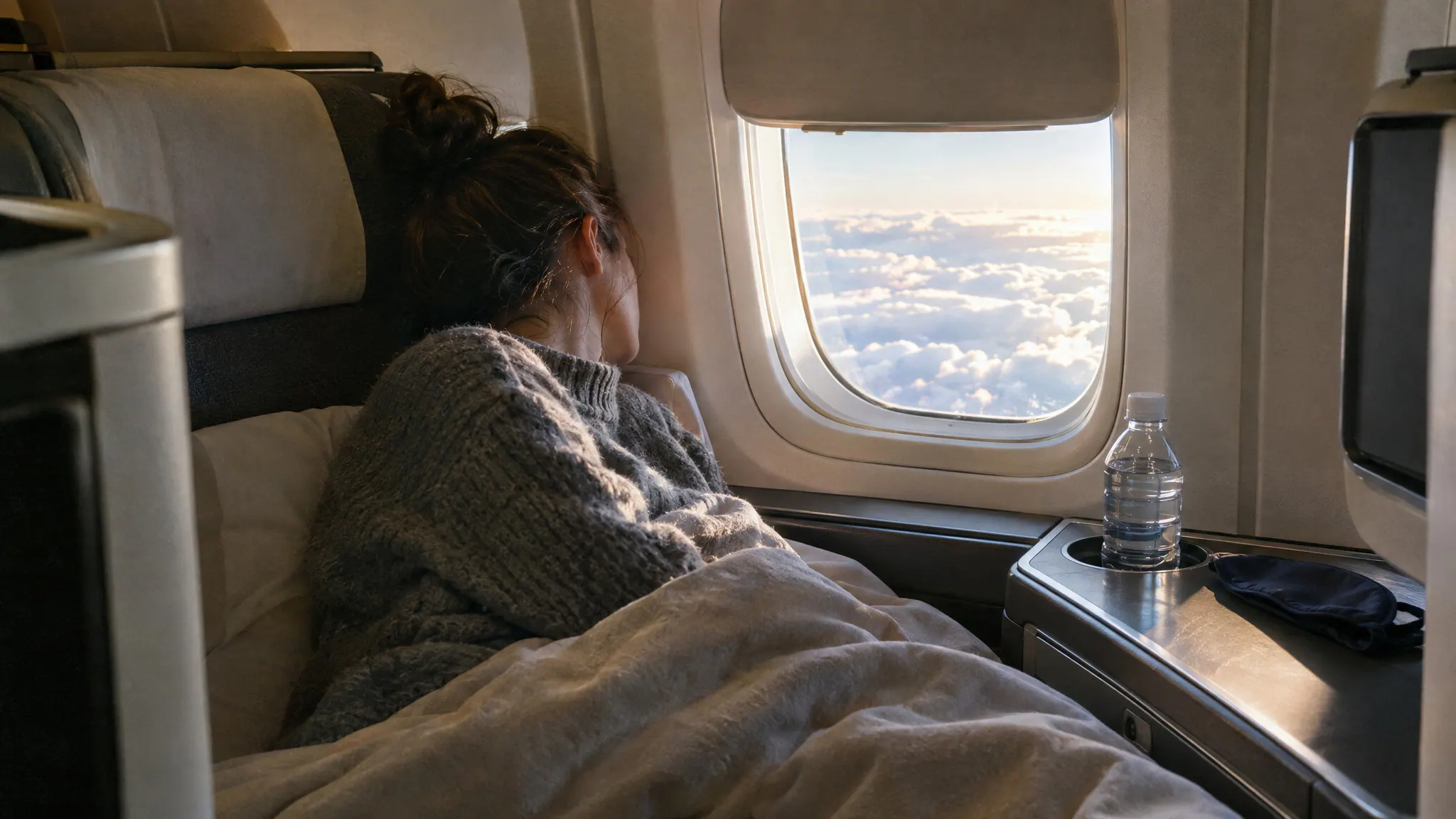 A woman asleep under a blanket against the window of a business-class seat on a flight home