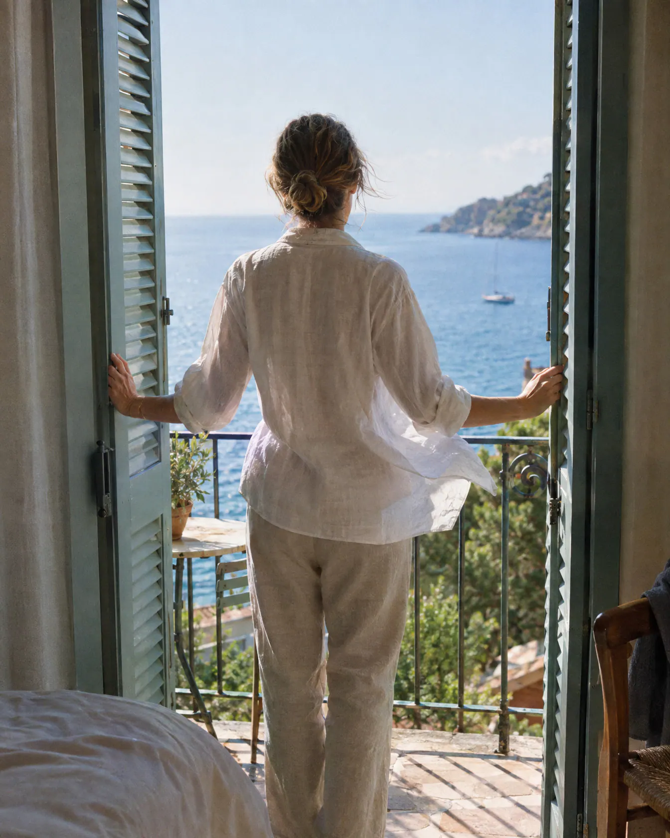 A woman opening timber shutters of a hotel room onto the sea in the morning