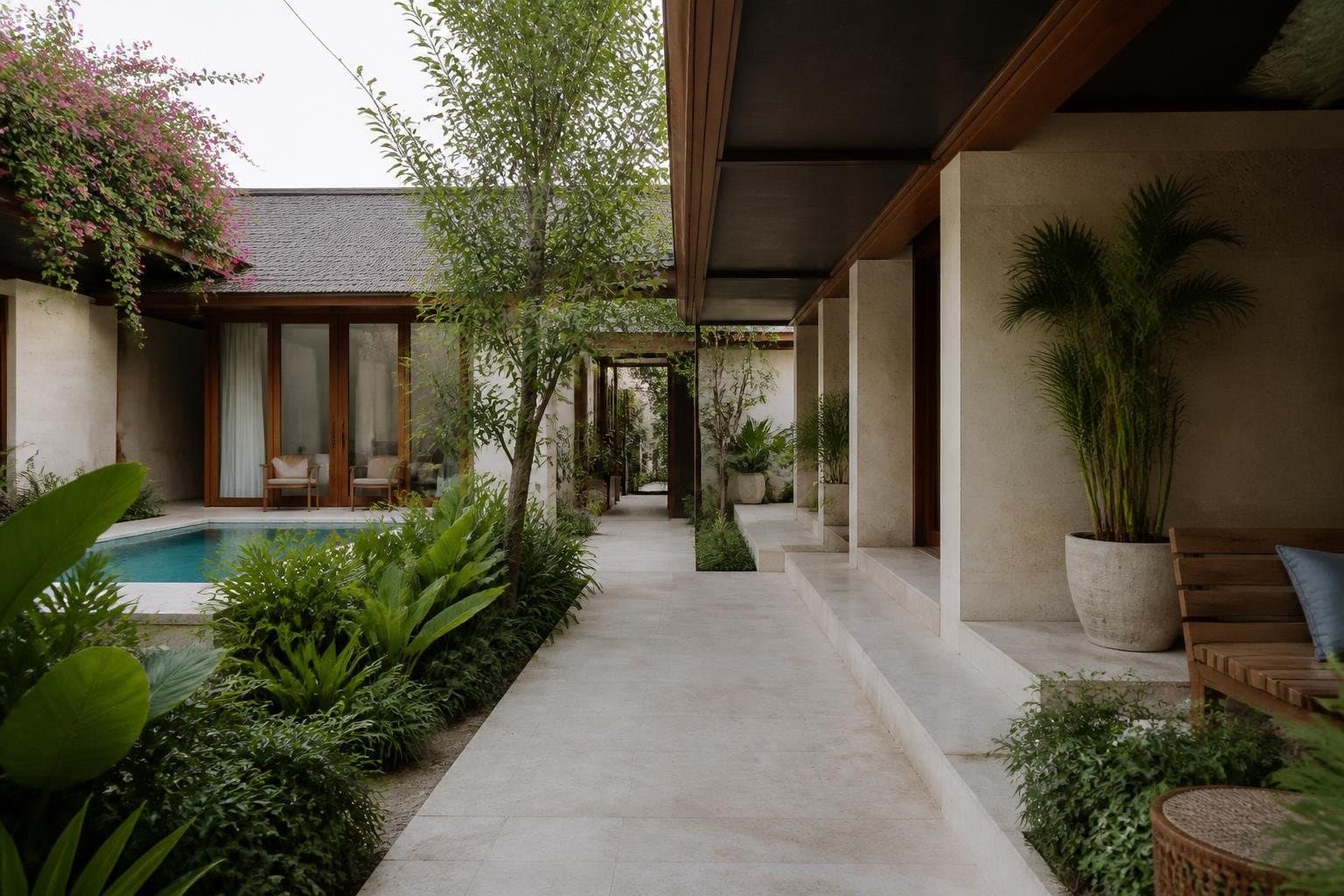Quiet contemporary accommodation courtyard in Bali