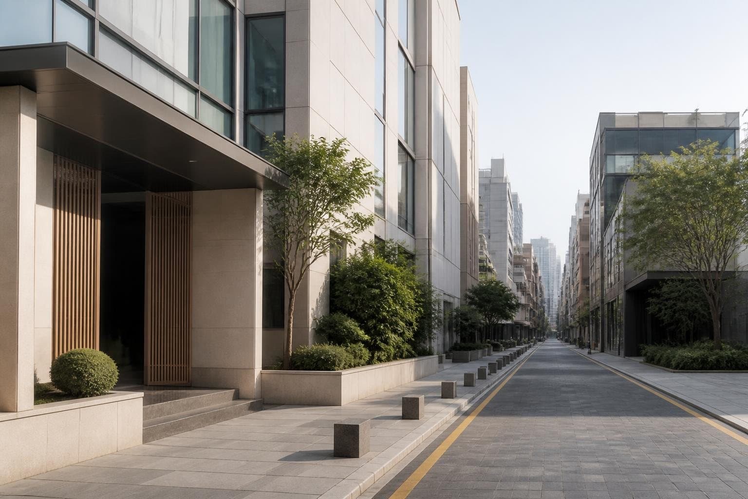 Quiet modern street and accommodation entrance in Seoul