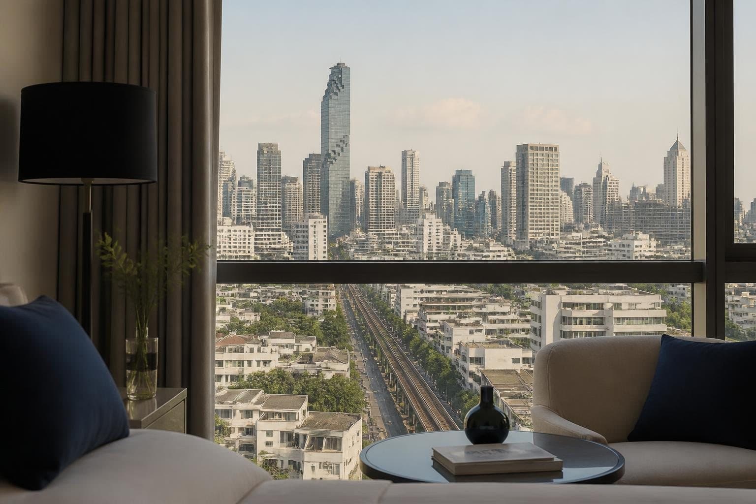 Bangkok city view from calm contemporary accommodation