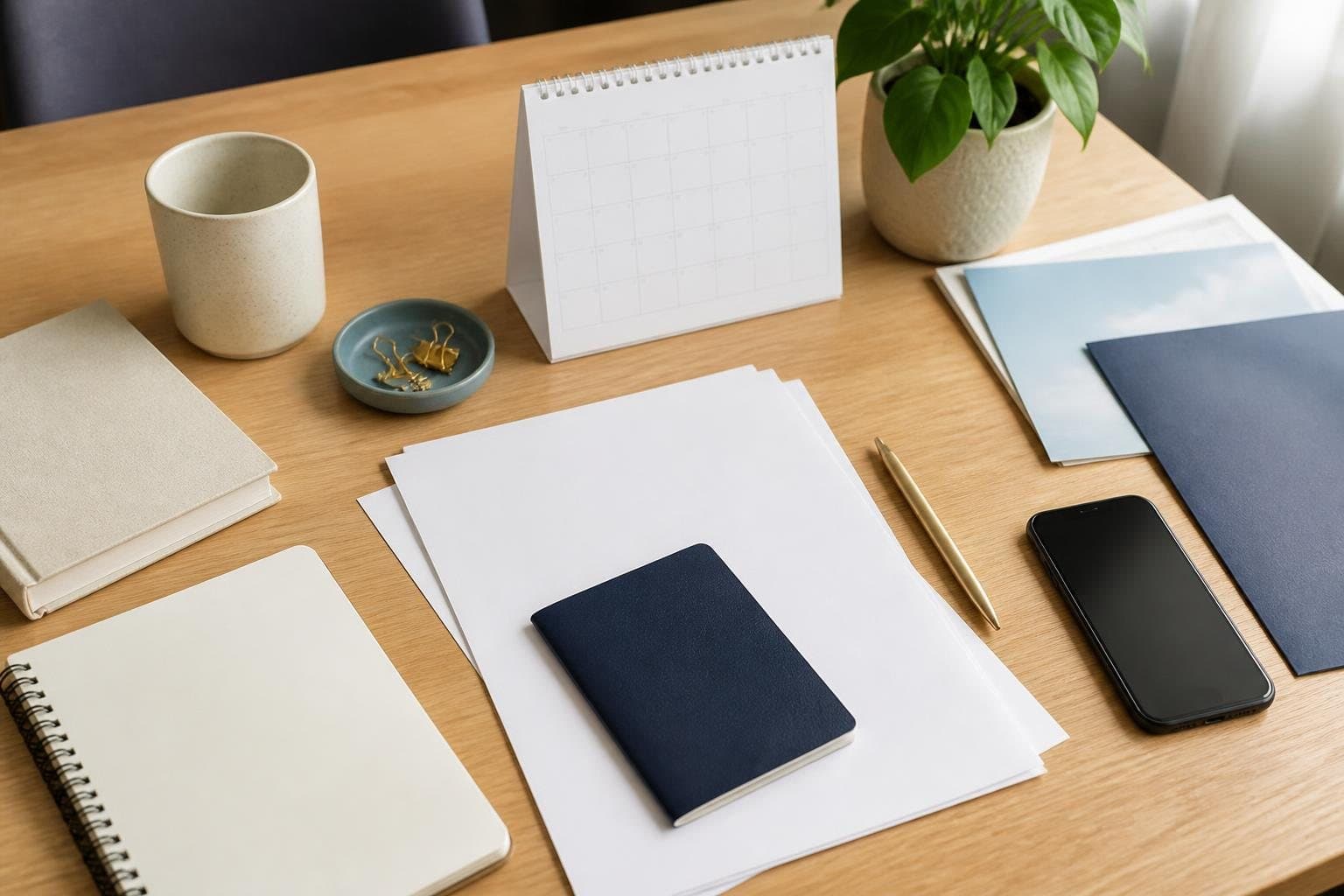 Organised travel-planning desk with blank documents, calendar and phone