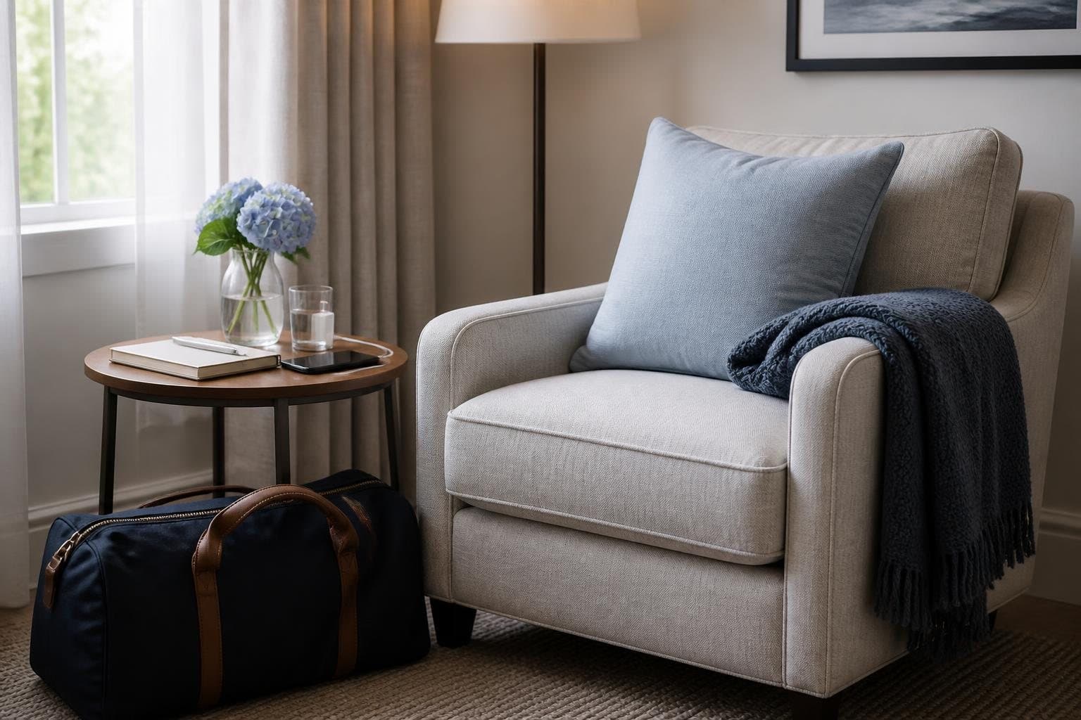 Calm recovery-ready room with armchair, water, phone and travel bag