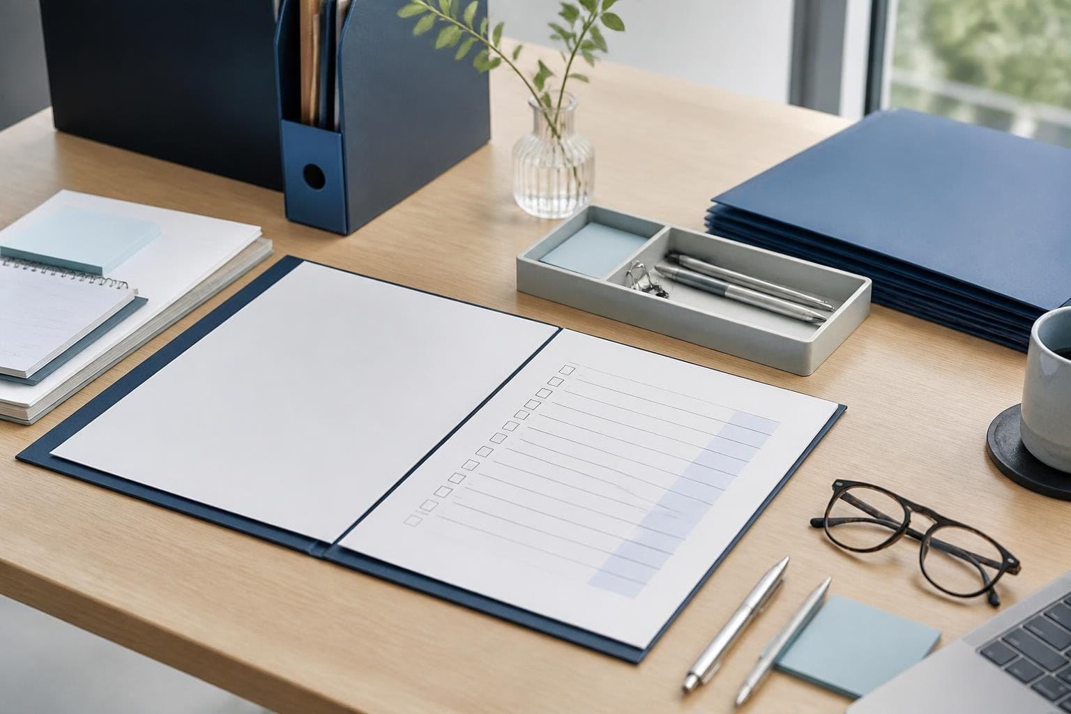 Organised due-diligence desk with folders, checklist and reading glasses