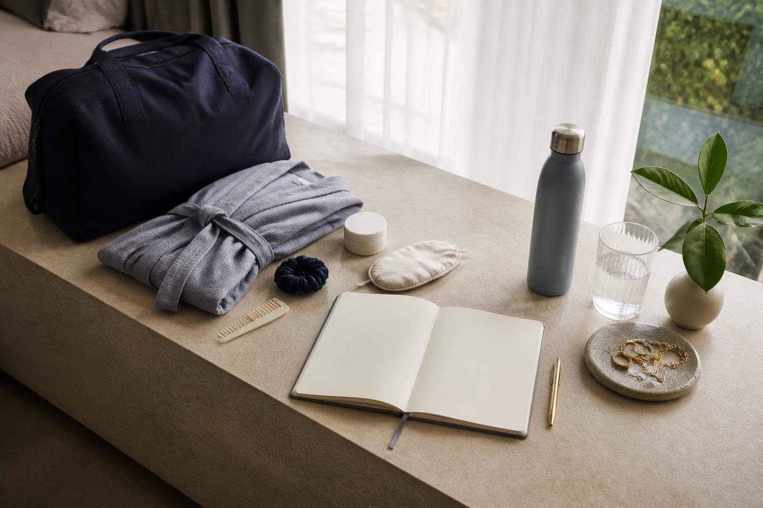 Travel bag, robe and planning notebook arranged in a calm interior
