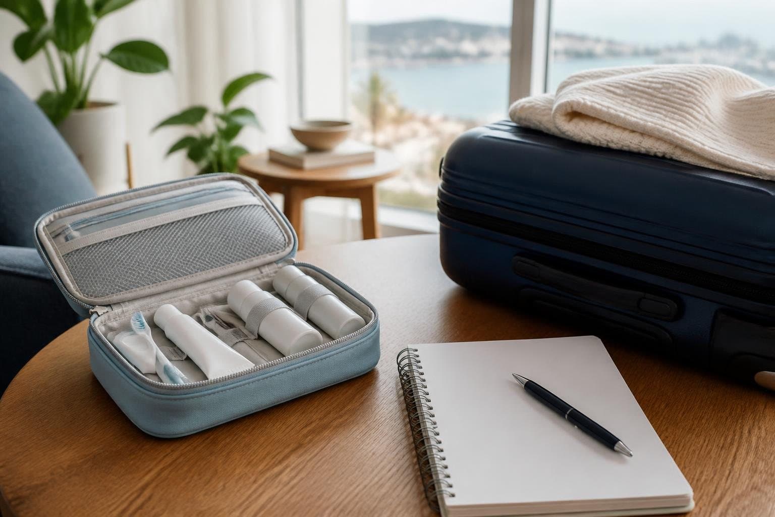 Unbranded oral-care travel case beside luggage and a planning notebook