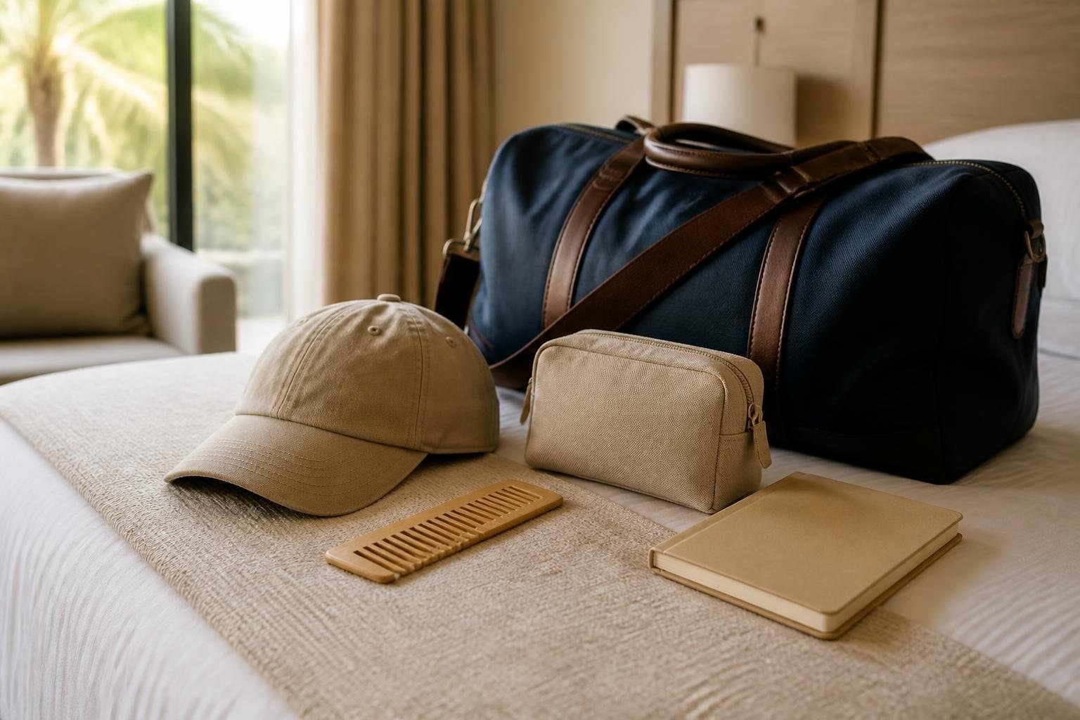 Cap, care pouch, comb and travel bag prepared in a quiet room