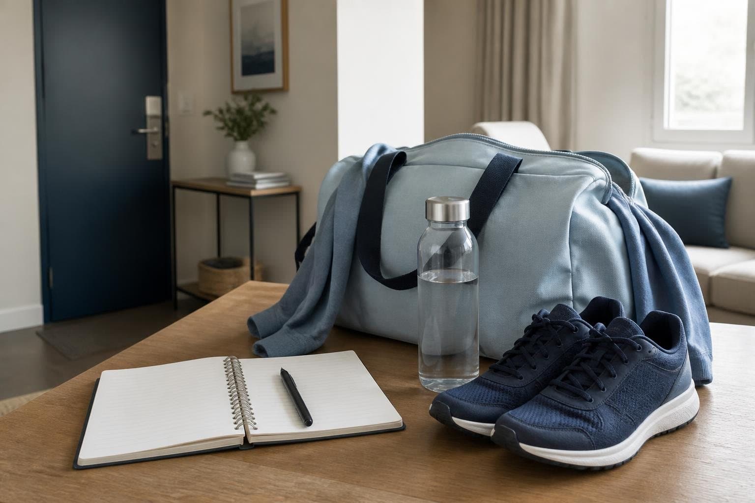 Walking shoes, water bottle and travel bag arranged for a planned journey