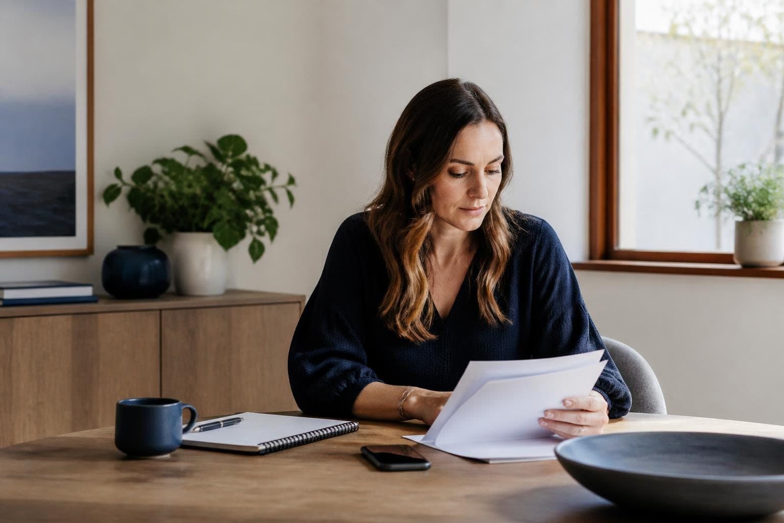 Australian treatment-travel coordinator reviewing documents at a calm desk